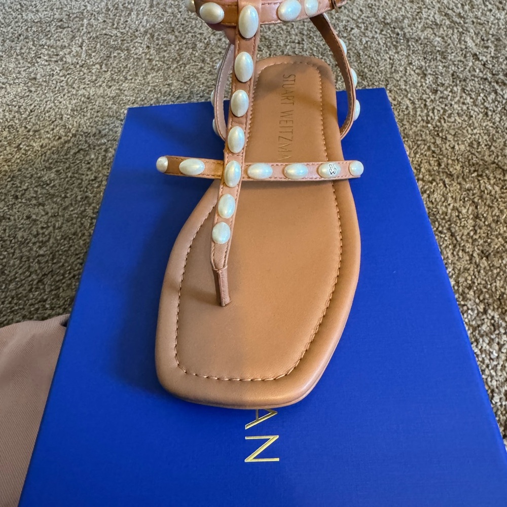 New Stuart Weitzman Women's Tan Sandals with Pearl Accents